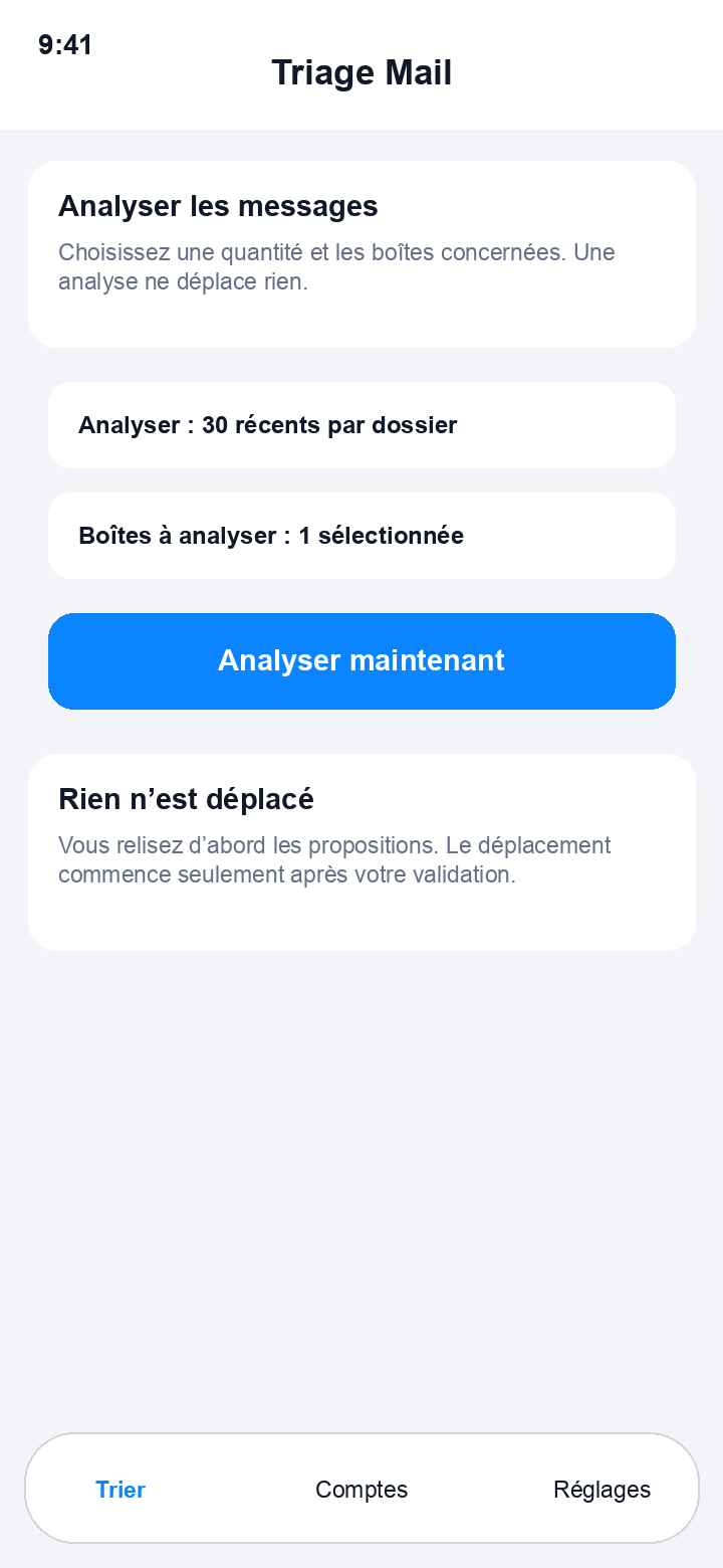 Écran Trier de ClarInBox avec la sélection des comptes et le bouton Analyser maintenant