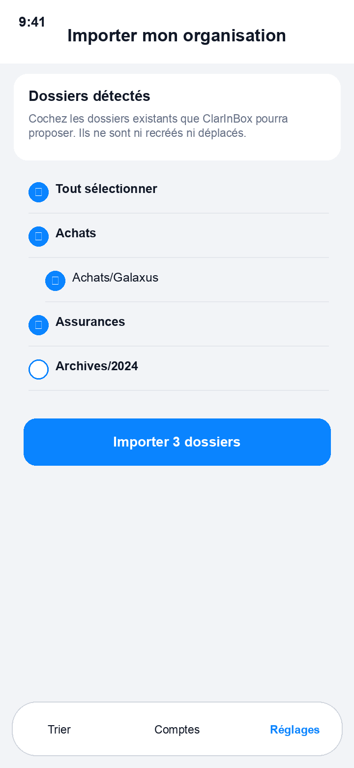 Écran d’importation des dossiers actuels d’une boîte mail avec l’option Tout sélectionner