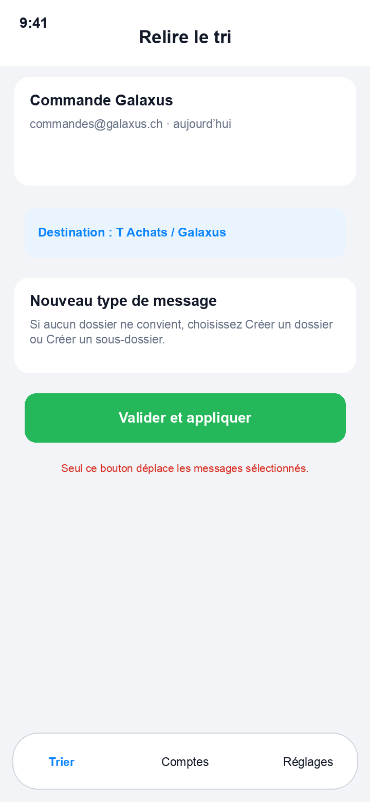 Écran de relecture des propositions de tri avant validation