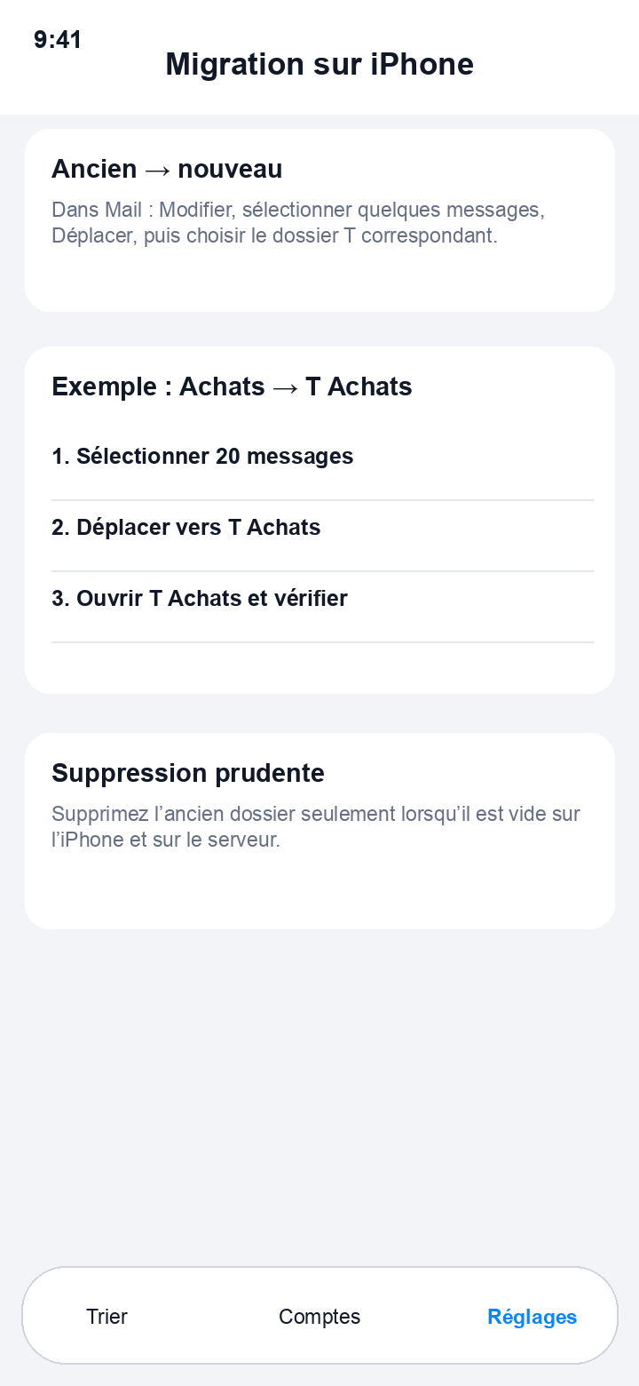 Procédure illustrée de migration des dossiers dans Mail sur iPhone