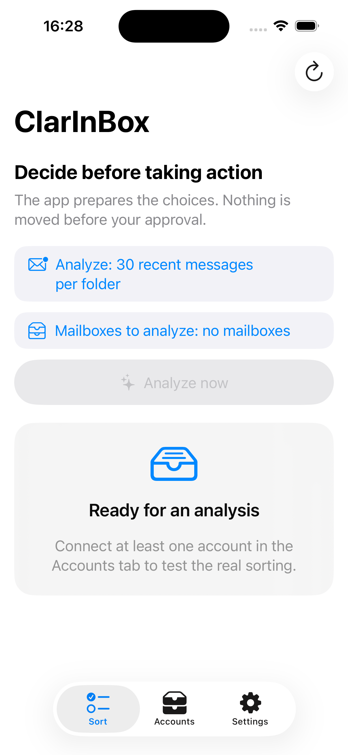 ClarInBox Sort screen in English